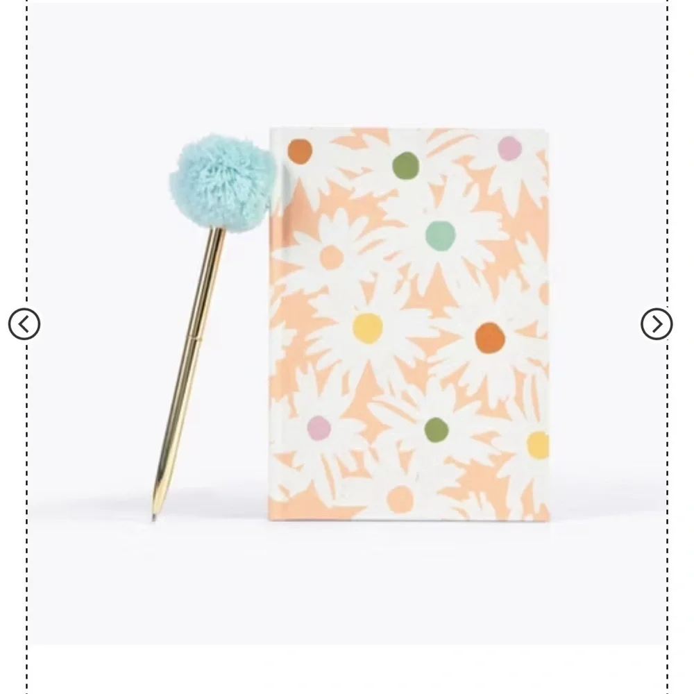 5”x7” Daisy Print Notebook and Pen Set with Pom Pom | Garven Hard Cover, 160 Pgs